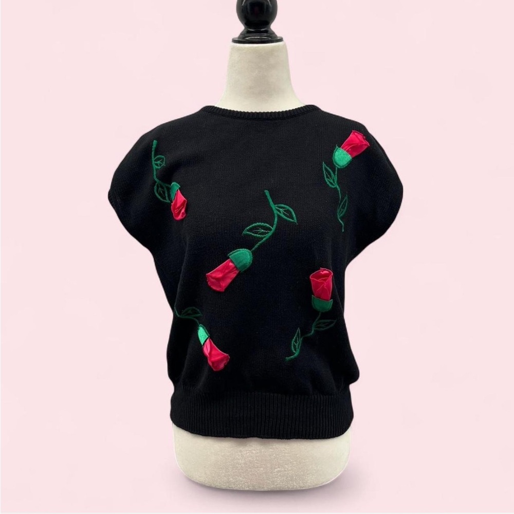 Vintage Black Knit Rose Appliqué Top